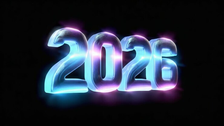 Una straordinaria rappresentazione visiva dell'anno 2026 con luci al neon incandescenti che catturano ed entusiasmano, evidenziando l'attesa per l'anno a venire