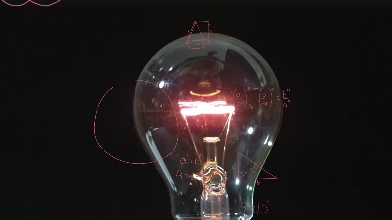 Animation of lit electric bulb and mathematical equations floating against black background