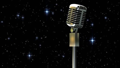 Animation-of-stars-falling-and-glowing-lights-over-microphone-on-dark-background