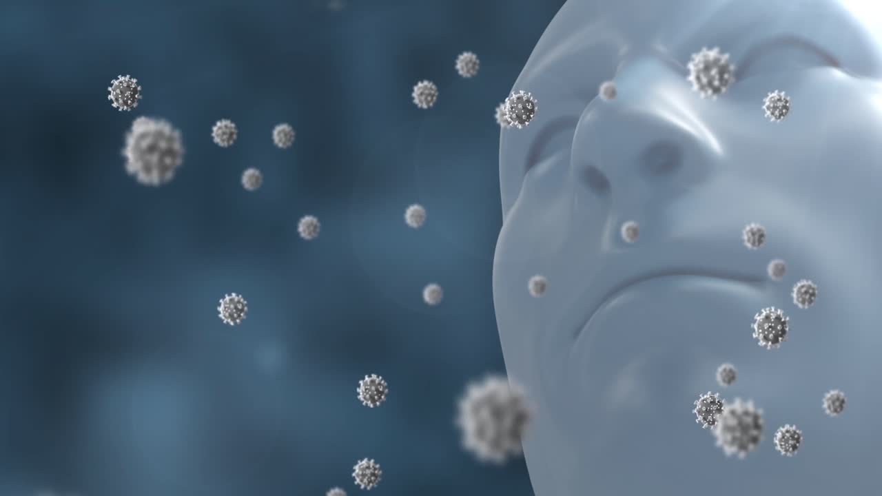 파란색 배경에 복사 공간을 대비하여 인간의 머리 위에 떠있는 여러 코로나19 세포 모델