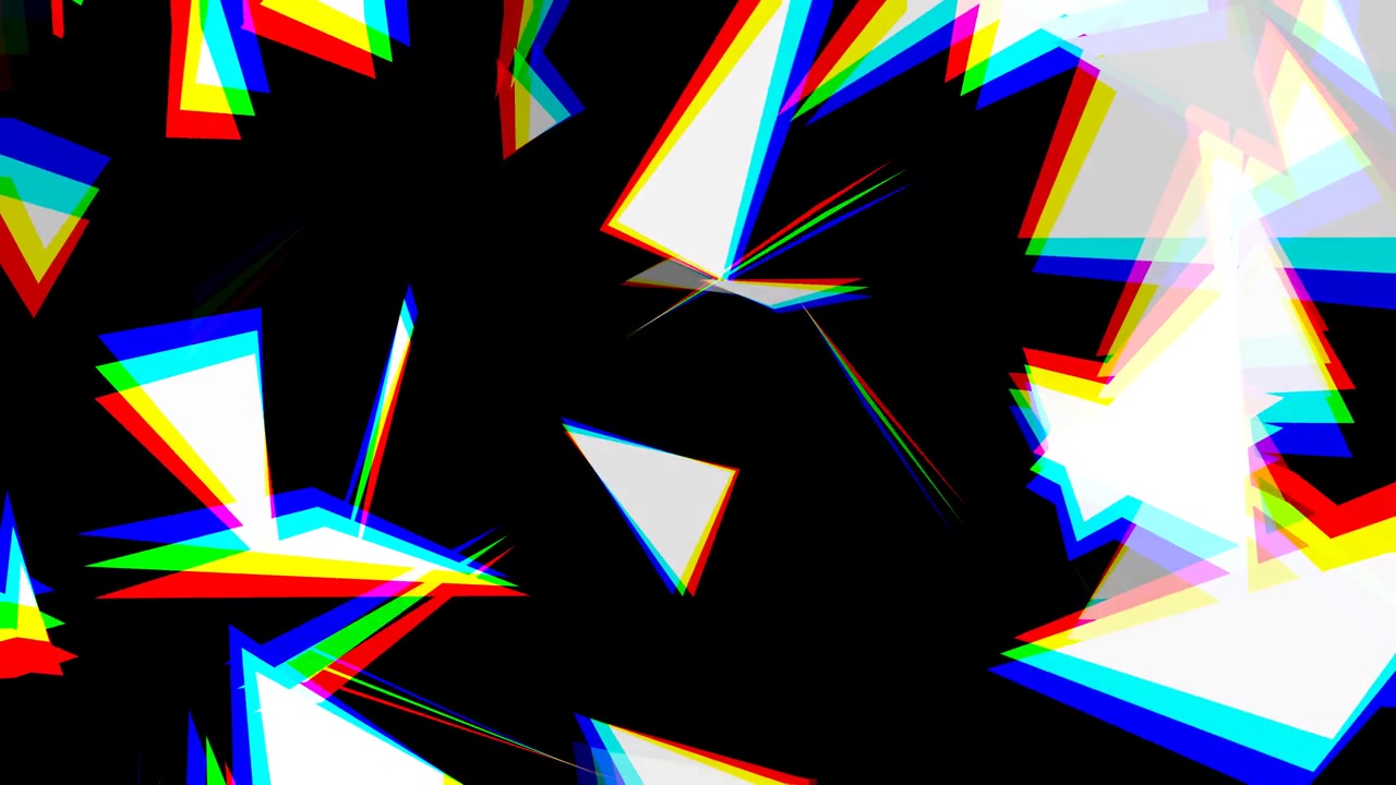 Animazione geometrica ad alto contrasto con triangoli rotanti e aberrazione cromatica, estetica tecnologica moderna per sfondi glitch creativi digitali