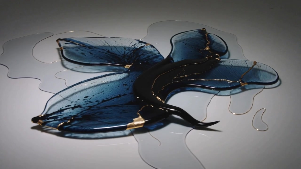 Rotating cam showing blue petals, black eel on studio table shifting light revealing gold accents
