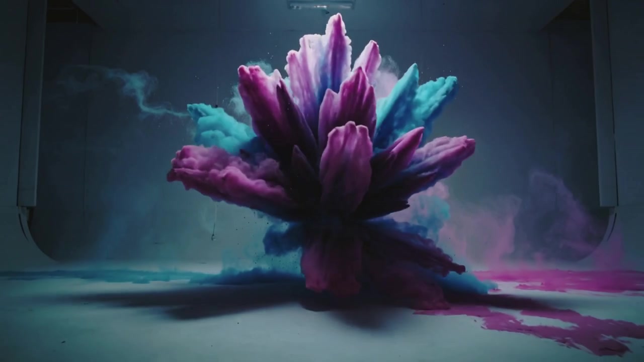 Spraying overhead nozzles sending cyan magenta plumes toward center in studio, forming petal bloom