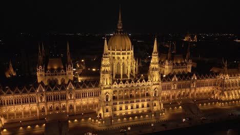 aerial boom shot above hungary parliament building, night