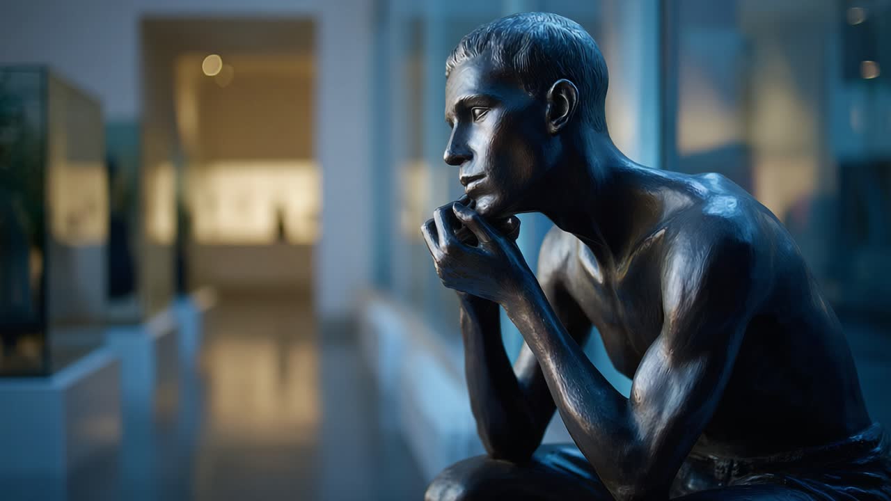 A Contemplative Bronze Sculpture Highlighting the Emotions and Expressions of Human Thought in a Modern Art Gallery Setting