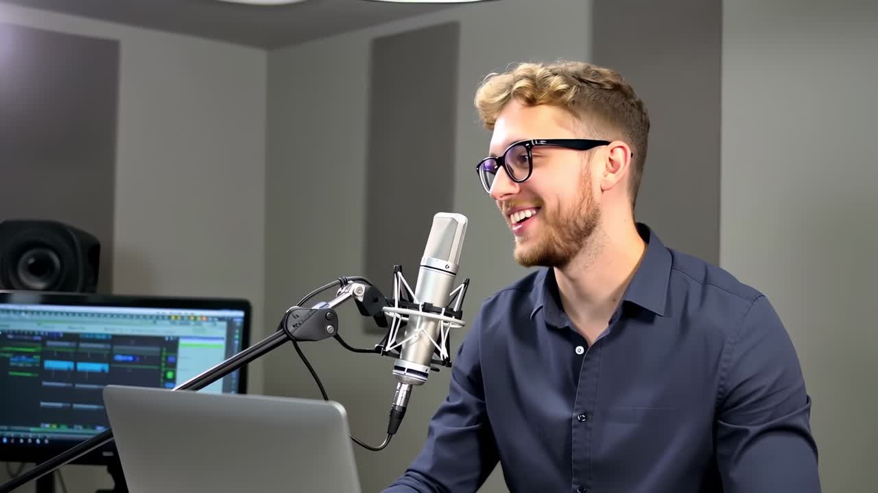 A man is sitting in front of a laptop and a microphone