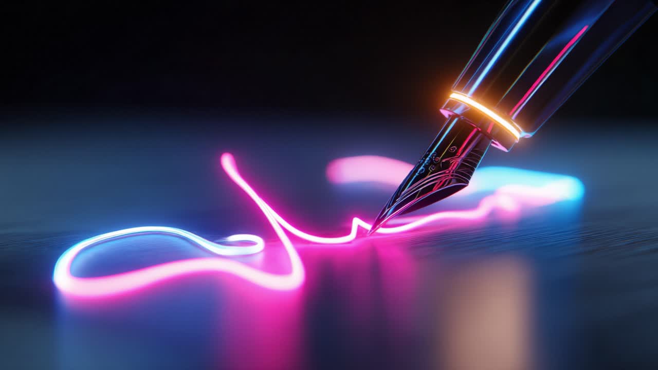 Nostalgic fountain pen with ornate nib draws a continuous glowing neon signature across a dark reflective surface, merging vintage calligraphy with cyberpunk futurism