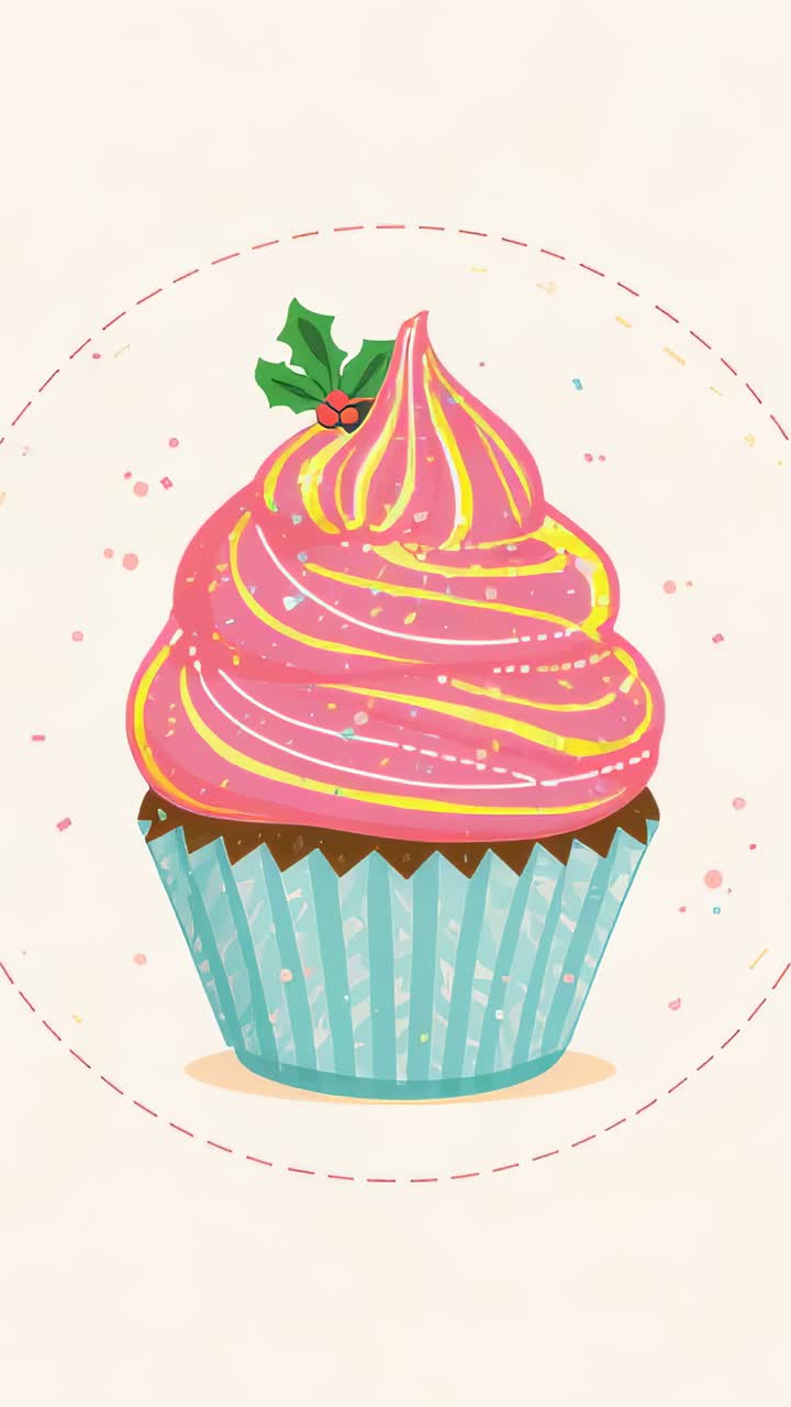 Video verticale: cupcake ingrandito e ridimensionato su sfondo crema, con glassa rosa, pirottino color turchese e agrifoglio