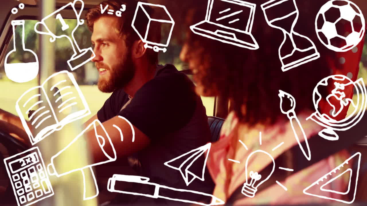 вождение машины, разнообразные люди с образовательными символами анимации над ними