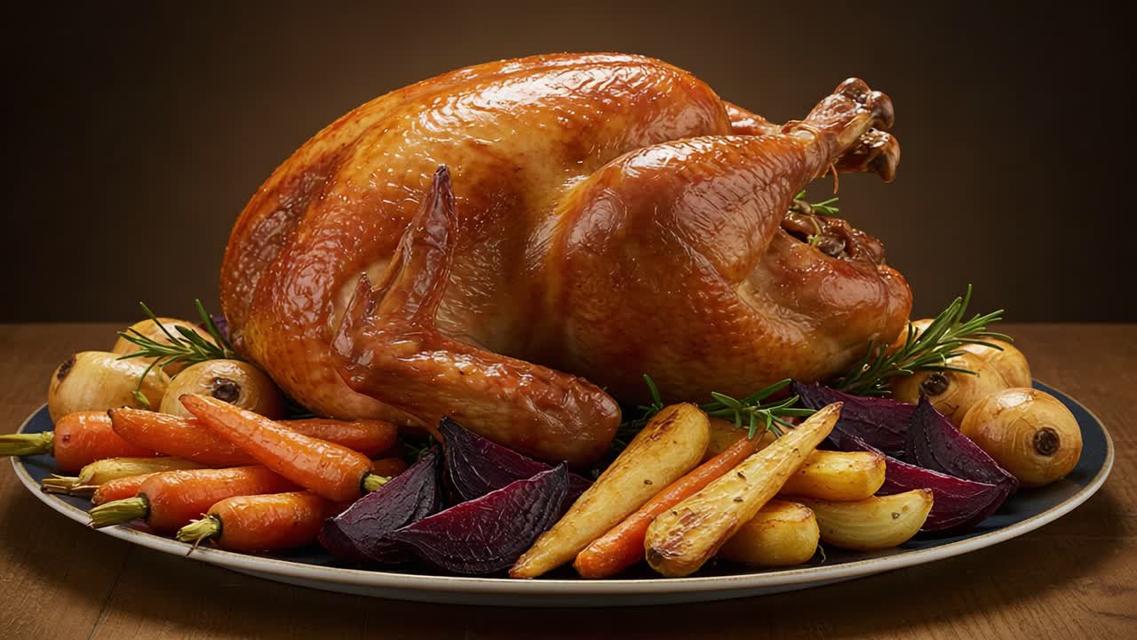 A beautifully roasted turkey surrounded by a colorful array of vegetables, creating an inviting rustic centerpiece perfect for any festive gathering or family dinner