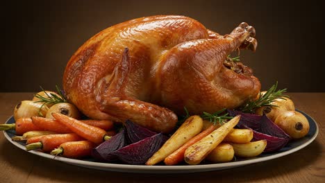 a beautifully roasted turkey surrounded by a colorful array of vegetables, creating an inviting rustic centerpiece perfect for any festive gathering or family dinner