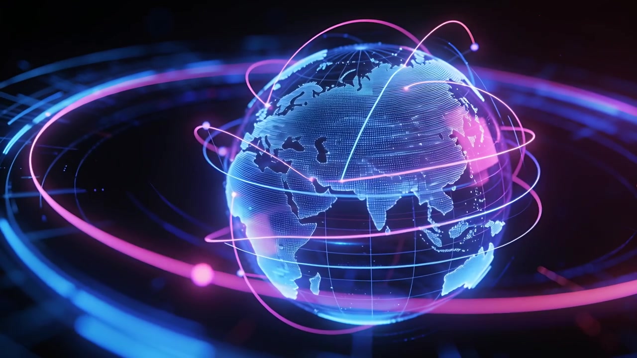 Rotating holographic globe responding to startup pulse in virtual hub, with magenta cyan rings