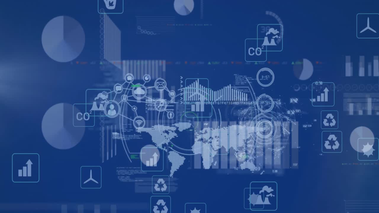 Animation of world map, scopes scanning and data processing