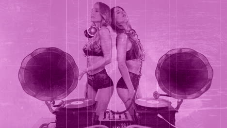 identical twin female djs dancing behind vintage gramophones with aged film effects