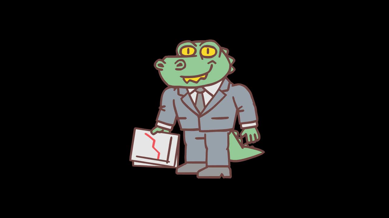 crocodilo segura gráfico de negócios positivo e mostra polegar para cima. animação quadro por quadro. canal alfa