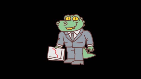 el cocodrilo sostiene el gráfico de negocios positivo y muestra los pulgares hacia arriba. animación cuadro por cuadro. canal alfa
