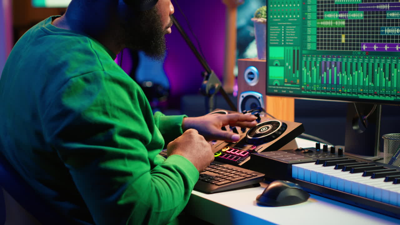 productor de música hábil que compone nuevas bandas sonoras en consola y software daw