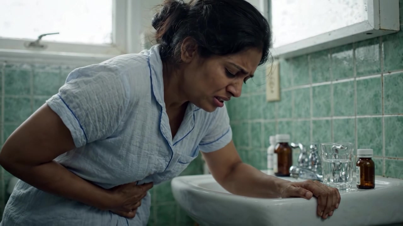 A woman in a bathroom experiencing intense discomfort, gripping her abdomen while displaying signs of distress and pain, highlighting her struggle with a health issue.