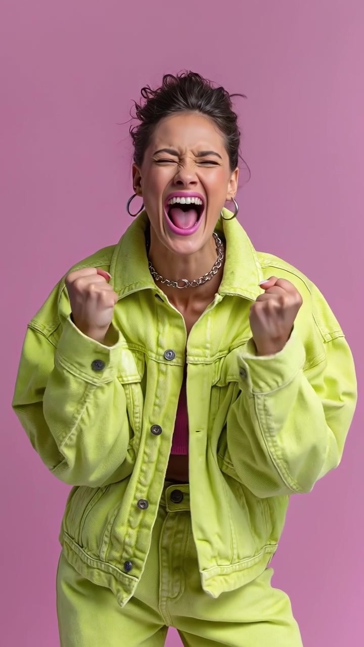 Energetic woman in a lime green denim jacket shouting and celebrating with raised fists