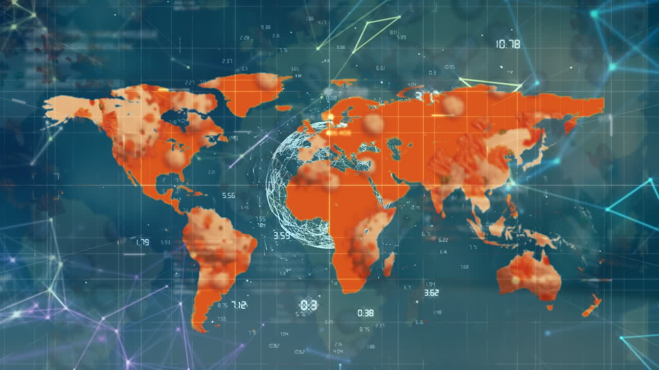 블루 배경 위에 미디어 아이콘과 세계 지도의 애니메이션