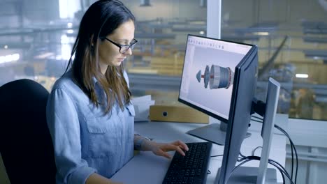 female industrial engineer works on 3d turbine/engine model in cad software on her desktop computer. inside of the factory is seen from her office window.