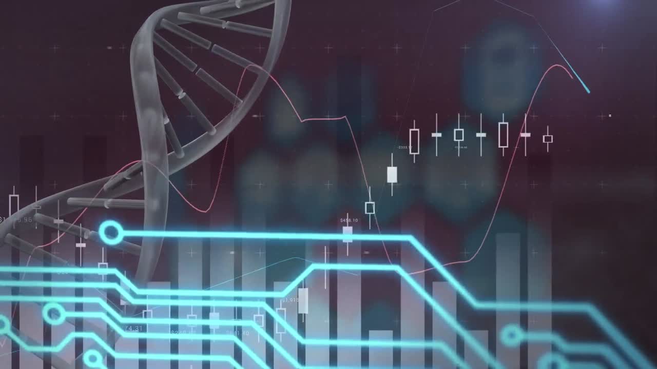 animación del procesamiento de datos y la cadena de adn en fondo negro