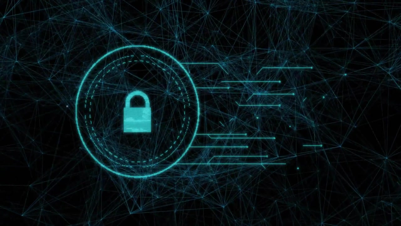 Network grid flickering then forming lock icon halo glitching, reforming securing data flow
