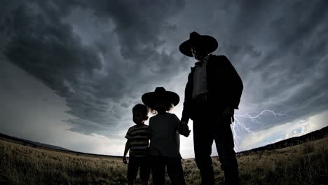 family in a field during a storm
