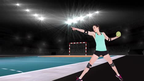 Animation-of-caucasian-female-handball-player-holding-ball-over-sports-stadium