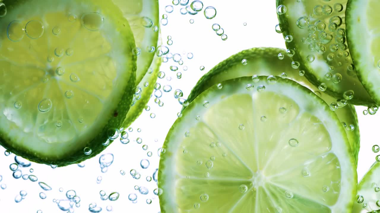 лимоновые кусочки, падающие глубоко под воду. снято на супер медленной камере 1000 кадров в секунду.