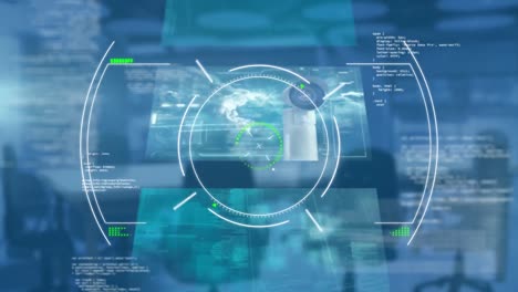 Animation-of-scope-scanning-and-data-processing-over-empty-office