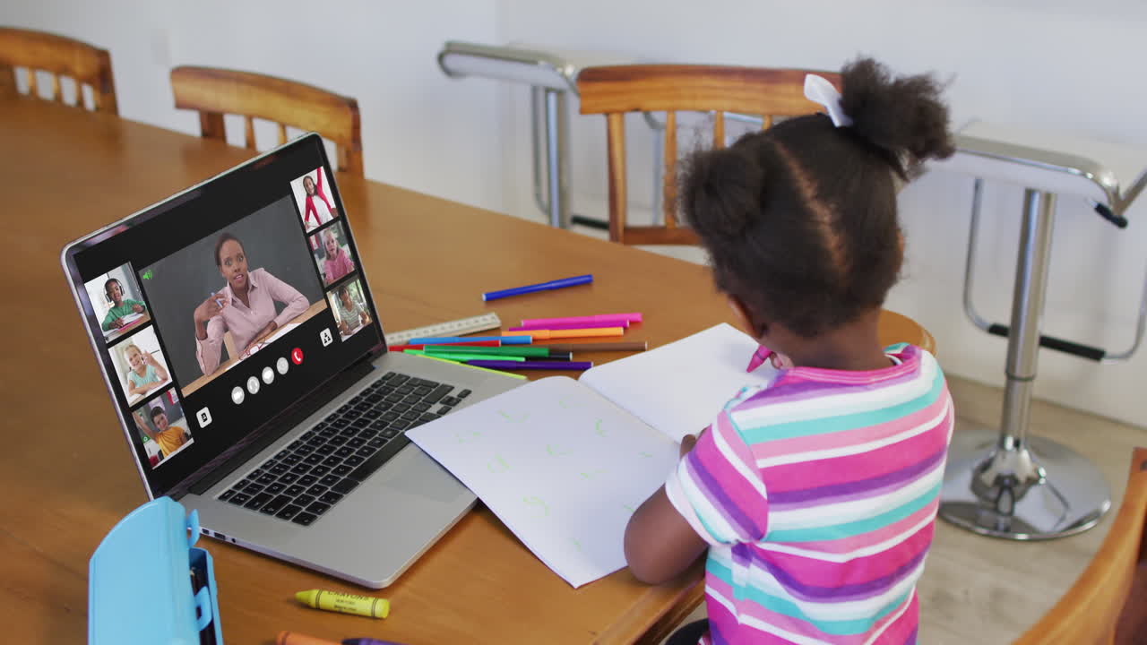 Schoolgirl using laptop for online lesson at home, with diverse teacher and class on screen