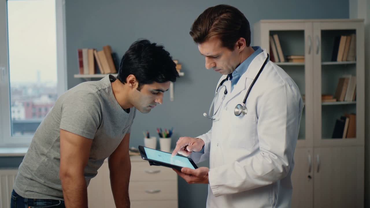 Dokter presentasi awal mengenakan jas putih mengetuk tablet dan menjelaskan hasil di ruang pemeriksaan