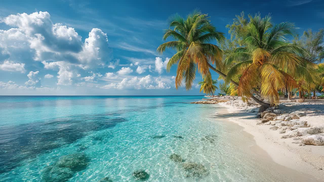 Ruhige tropische Strandszene mit kristallklarem Wasser, Palmen und einem friedlichen Himmel, die eine unberührte Küstenumgebung überblickt.