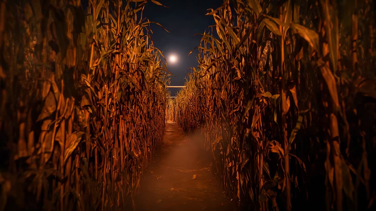 Opening camera pushing along path between cornstalks in maze under moon support beam mist swirling