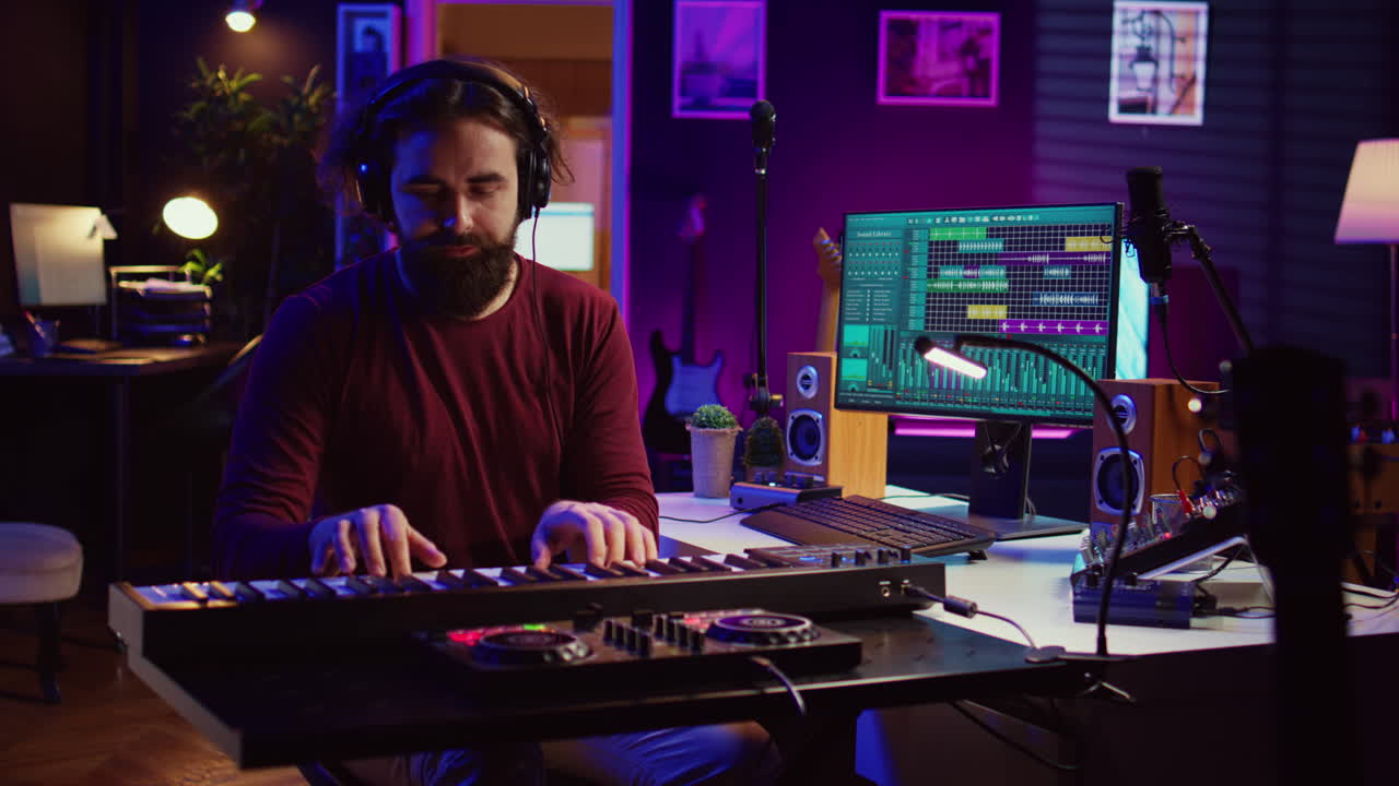 artista tocando el teclado del piano y grabando sonidos para la sesión de mezcla y masterización