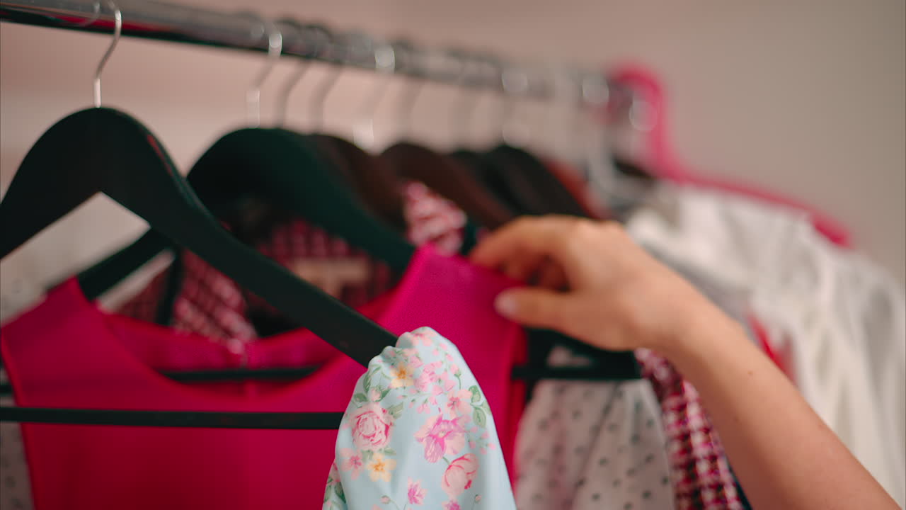Close-up of Female Hands Plucked Hanger choosing clothes in wardrobe