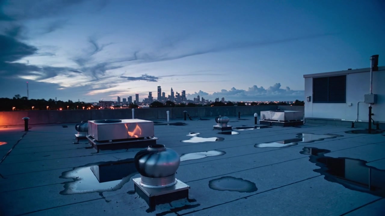 Pulling back camera, dusk deepening, revealing flat rooftop with HVAC units, vents, puddles