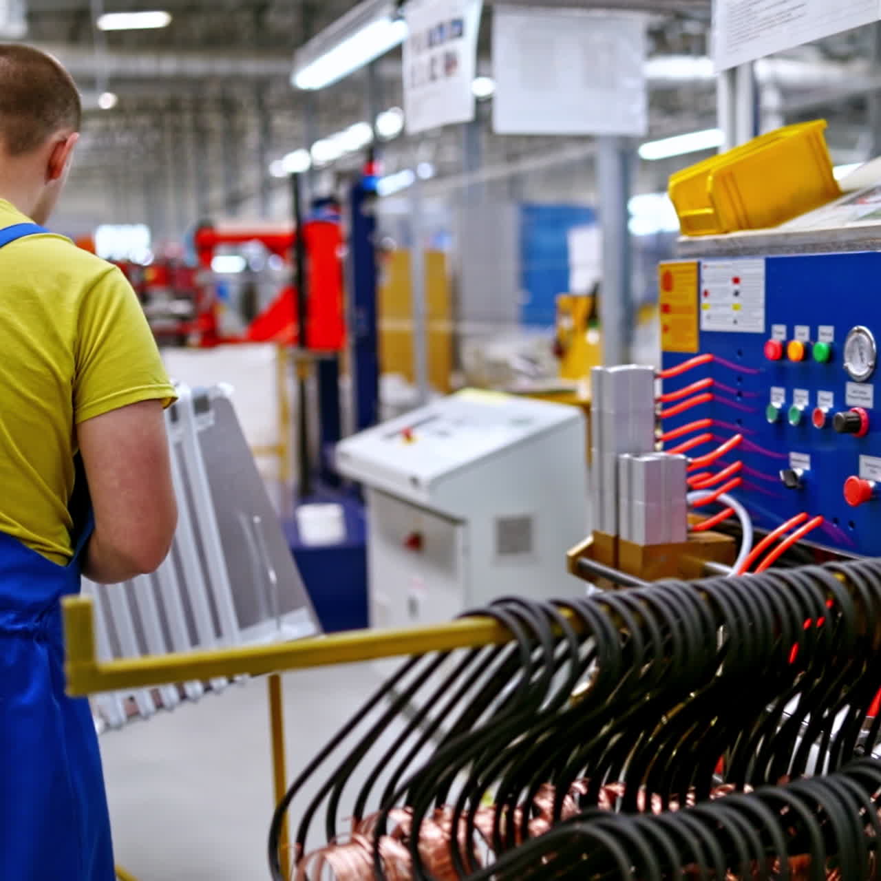 Interior of Industrial working place at factory. Worker in blue uniform at work. Industrial concept. Department inside a factory.