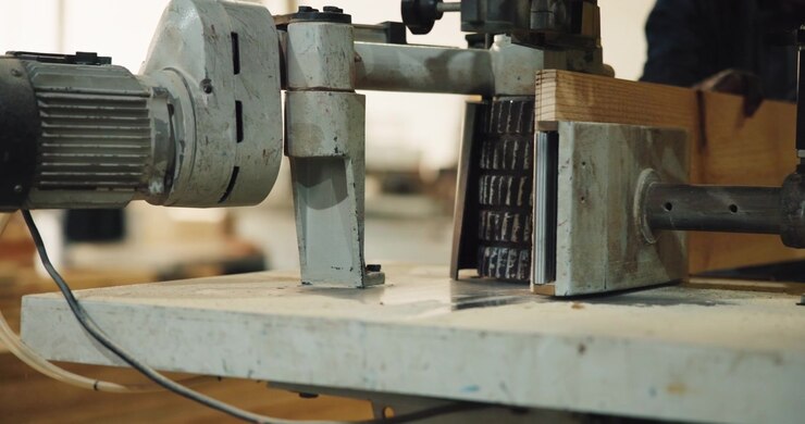 Woodworker Using Industrial Planer Machine in Workshop