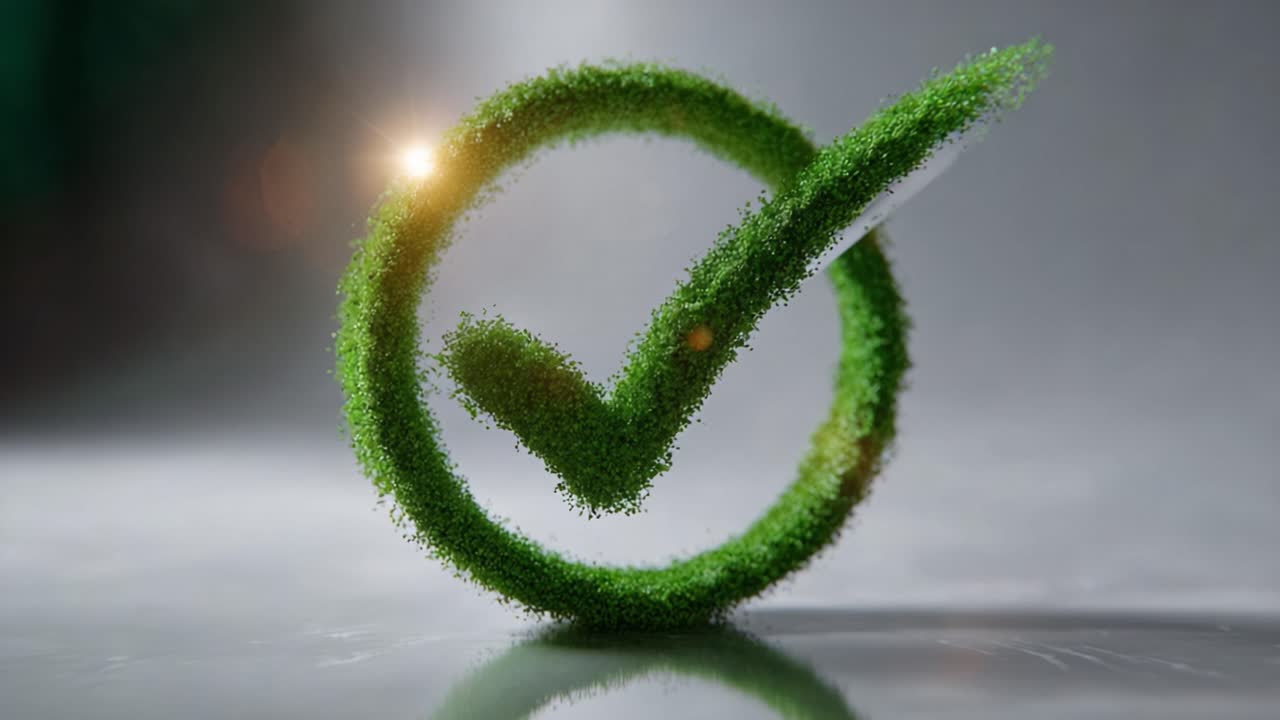 A vibrant green check mark symbolizing approval, success, and positivity, framed by a circular design, highlights themes of achievement and growth in a fresh context