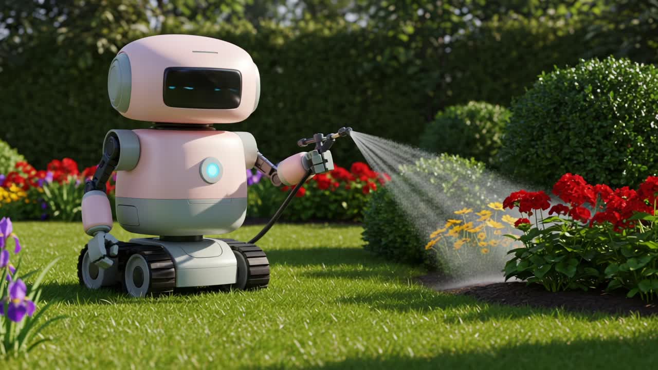 A Friendly Gardening Robot Spraying Water on Colorful Flowers in a Lush Green Garden, Showcasing Advanced Technology and Nature’s Beauty in Perfect Harmony