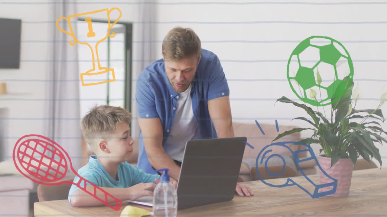 animación de iconos deportivos sobre padre y hijo caucásicos aprendiendo en casa