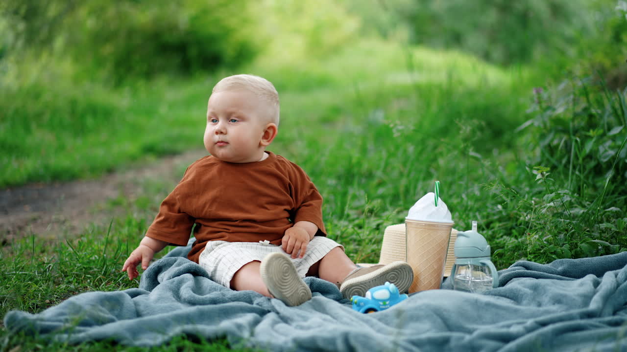 Beautiful blond baby boy wearing brown t-shirt sits on the plaid in the nature. Lovely toddler learning the world.