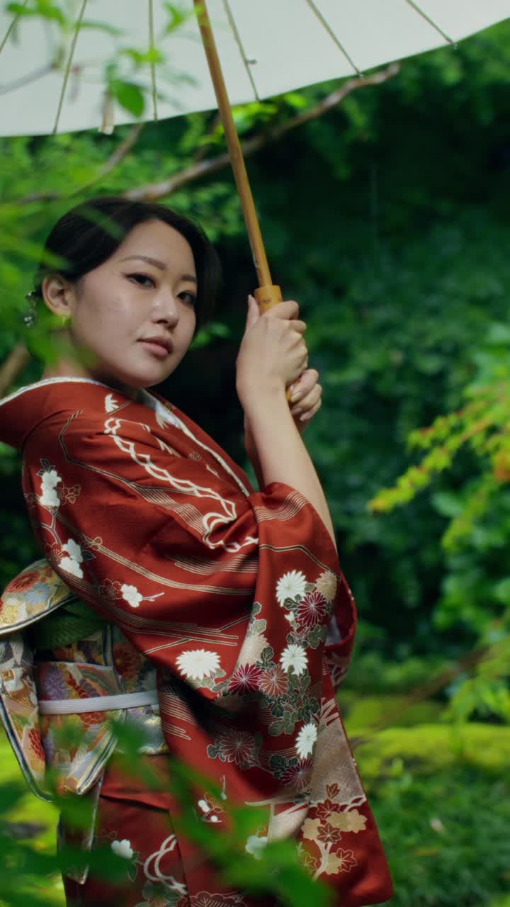 Woman in Traditional Japanese Kimono in a Garden