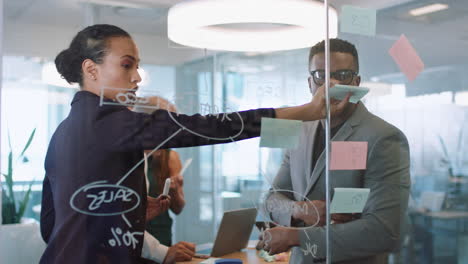 Geschäftsleute,-Die-Haftnotizen-Verwenden,-Brainstorming,-Teamleiterin,-Frau,-Die-Mit-Kollegen-Arbeitet-Und-Auf-Einem-Glas-Whiteboard-Schreibt-Und-Problemlösungsstrategien-In-Bürobesprechungen-Zeigt