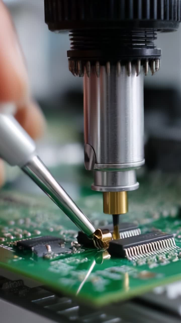 Precision Electronics Assembly: Highlighting the Process of Inspecting and Modifying Circuitry with a Microscope on a Green Printed Circuit Board