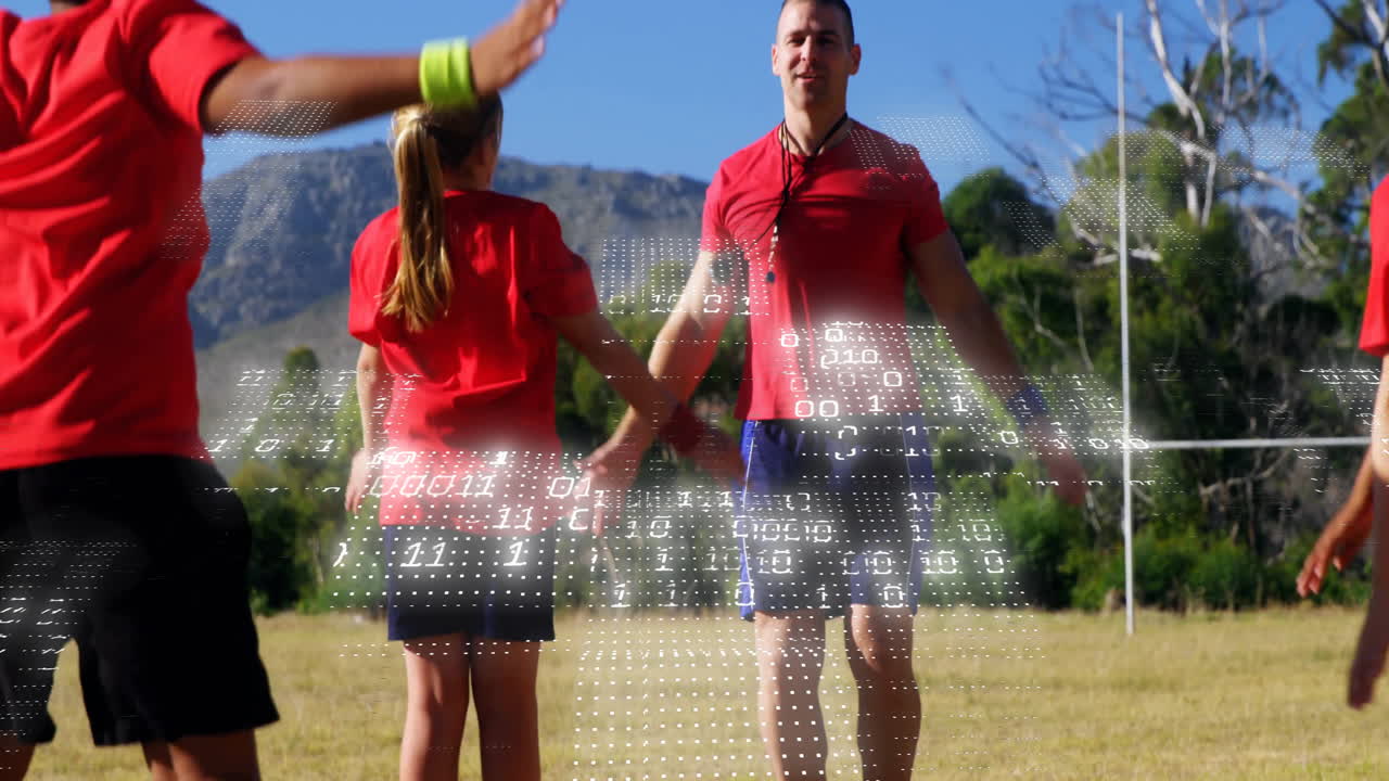 다양한 코치가 선수들을 지상에서 워밍업 운동을 할 때 안내하는 바이너리 코드의 애니메이션