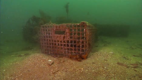 trampas de langosta oxidadas y abandonadas en el fondo del océano