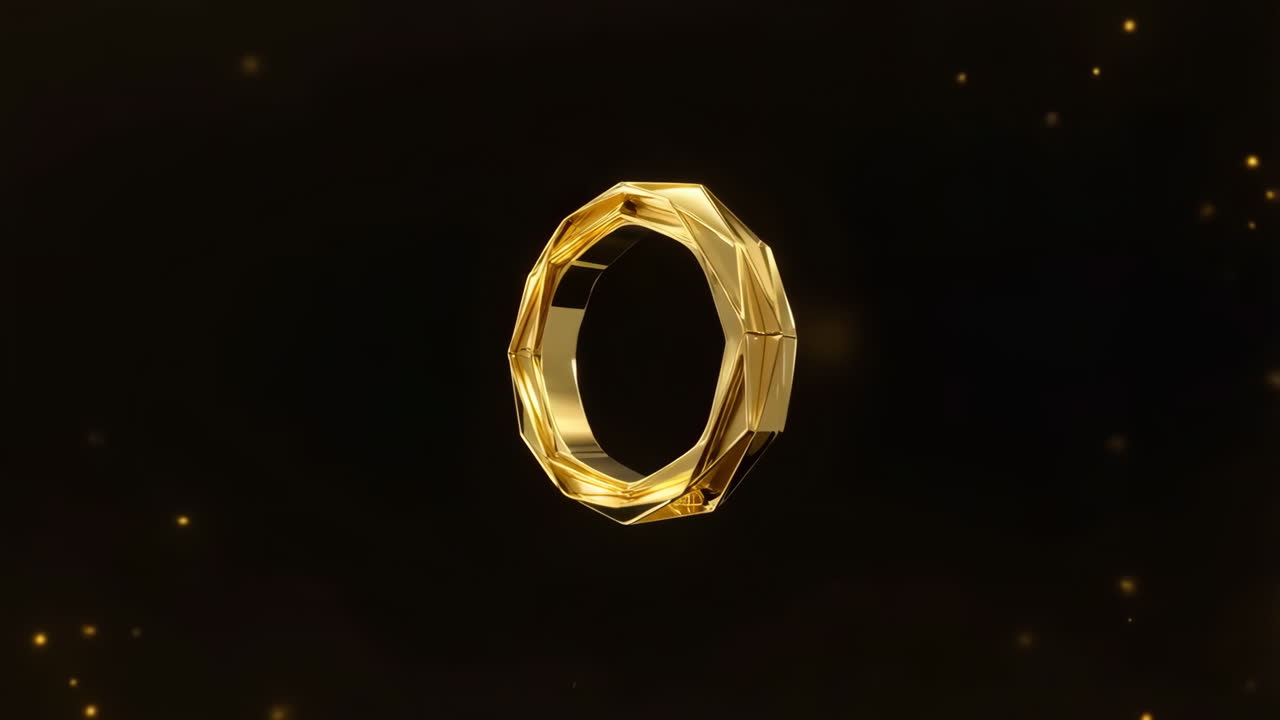 Golden Faceted Ring on Dark Background with Sparkling Lights